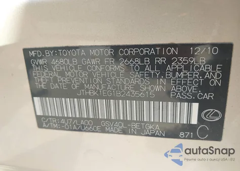 2011 Lexus Es z USA, uszkodzony, nr VIN JTHBK1EG1B2435615